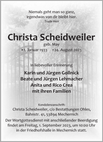 Traueranzeige von Christa Scheidweiler von WochenSpiegel