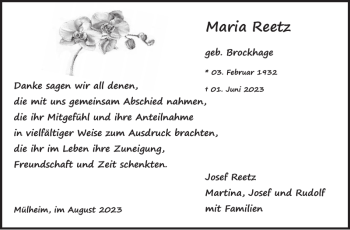 Traueranzeige von Maria Reetz von WochenSpiegel