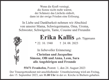 Traueranzeige von Erika Kallis von WochenSpiegel