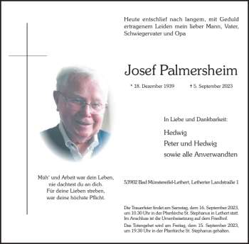 Traueranzeige von Josef Palmersheim von WochenSpiegel