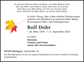 Traueranzeige von Rolf Dohr von WochenSpiegel