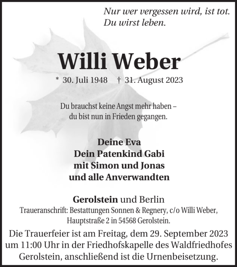  Traueranzeige für Willi Weber vom 09.09.2023 aus WochenSpiegel