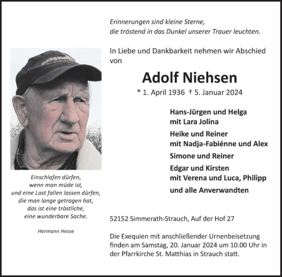 Traueranzeige von Adolf Niehsen von WochenSpiegel