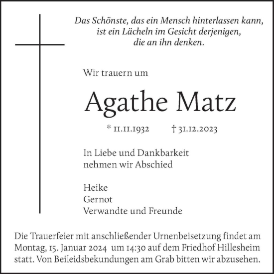 Traueranzeige von Agathe Matz von WochenSpiegel