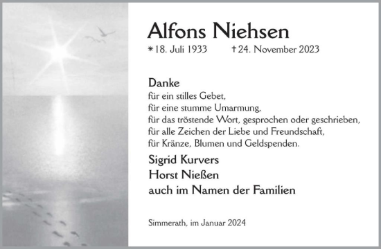 Traueranzeige von Alfons Niehsen von WochenSpiegel