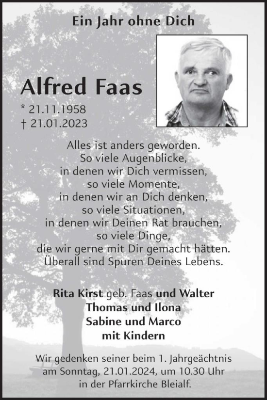 Traueranzeige von Alfred Faas von WochenSpiegel