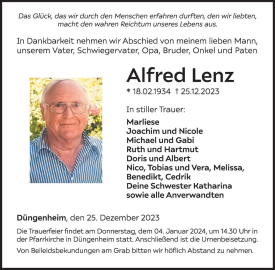 Traueranzeige von Alfred Lenz von WochenSpiegel