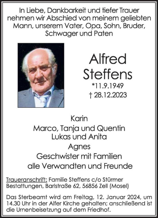 Traueranzeige von Alfred Steffens von WochenSpiegel