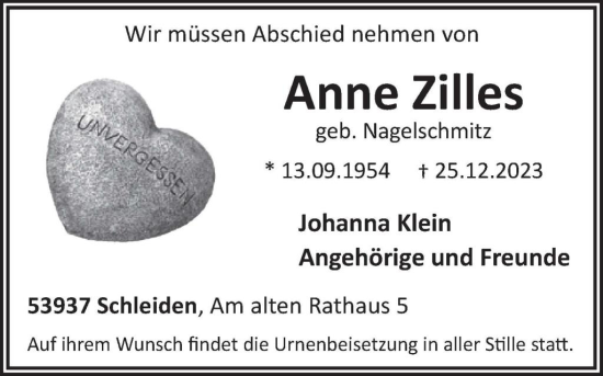 Traueranzeige von Anne Zilles von WochenSpiegel