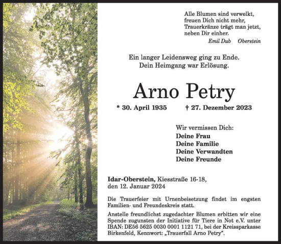 Traueranzeige von Arno Petry von WochenSpiegel