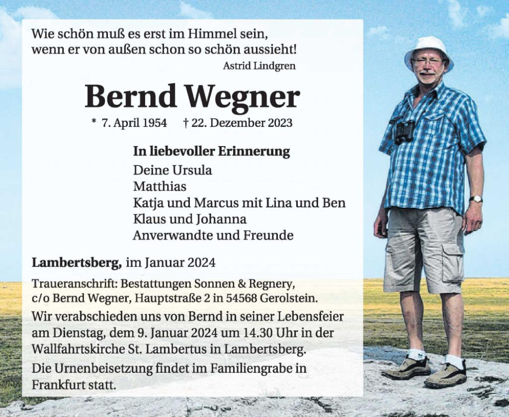  Traueranzeige für Bernd Wegner vom 05.01.2024 aus WochenSpiegel