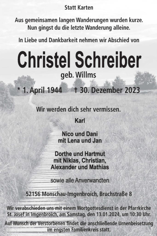 Traueranzeige von Christel Schreiber von WochenSpiegel
