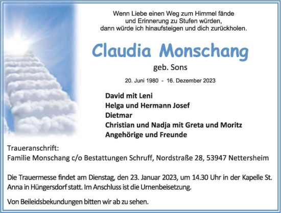 Traueranzeige von Claudia Monschang von WochenSpiegel