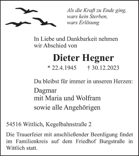 Traueranzeige von Dieter Hegner von WochenSpiegel