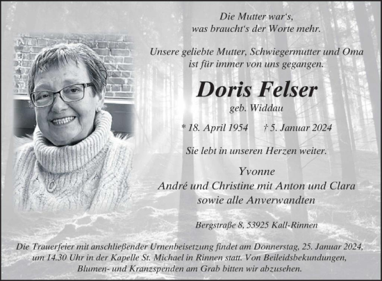 Traueranzeige von Doris Felser von WochenSpiegel