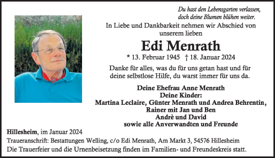 Traueranzeige von Edi Menrath von WochenSpiegel