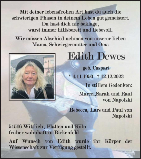 Traueranzeige von Edith Dewes von WochenSpiegel