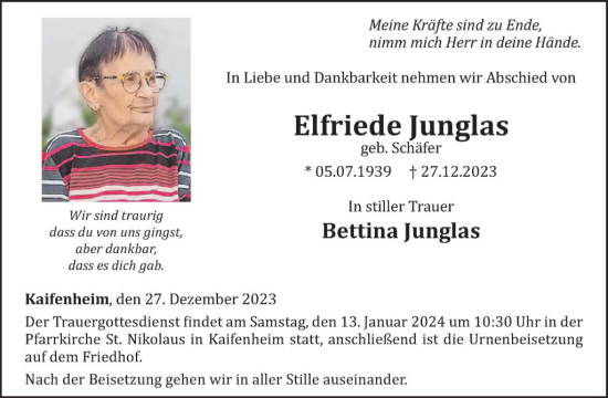 Traueranzeige von Elfriede Junglas von WochenSpiegel