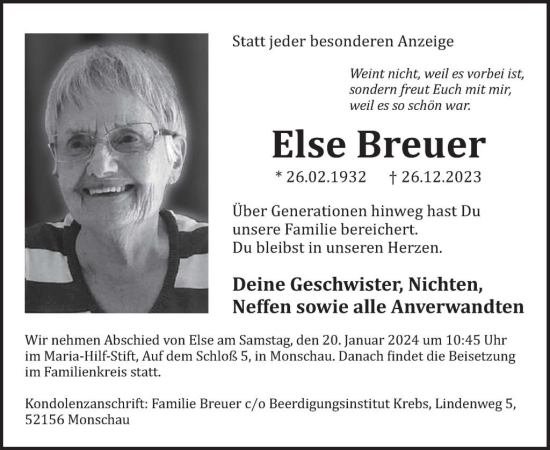 Traueranzeige von Else Breuer von WochenSpiegel