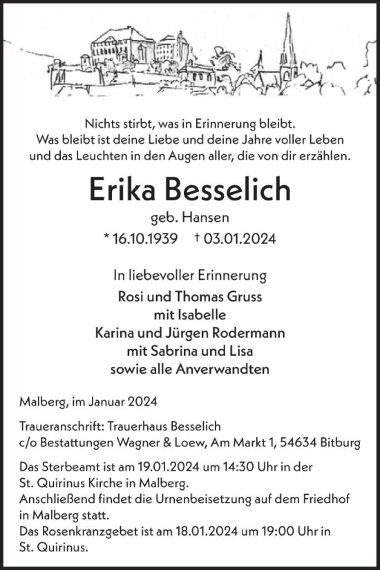 Traueranzeige von Erika Besselich von WochenSpiegel