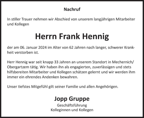 Traueranzeige von Frank Hennig von WochenSpiegel