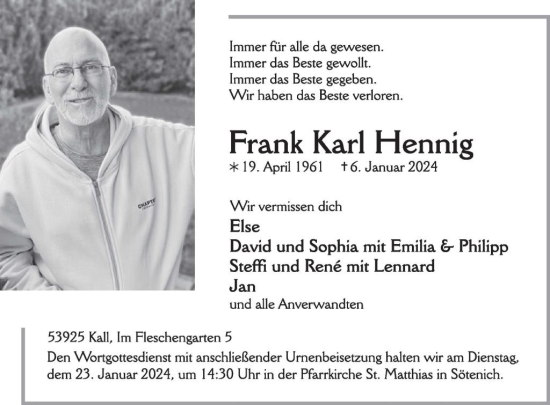 Traueranzeige von Frank Hennig von WochenSpiegel