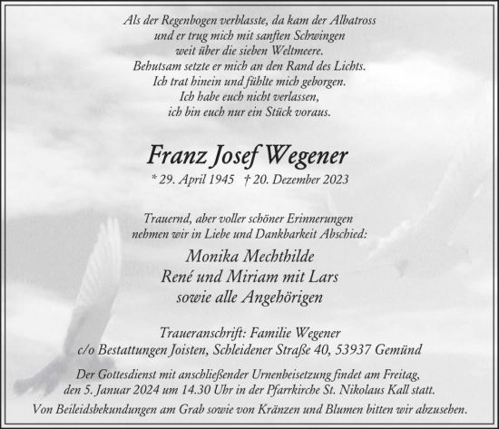 Traueranzeige von Franz Josef Wegener von WochenSpiegel