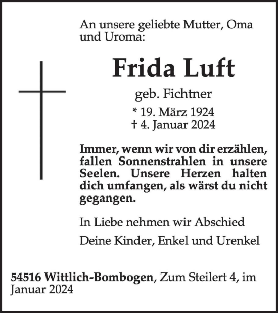 Traueranzeige von Frida Luft von WochenSpiegel