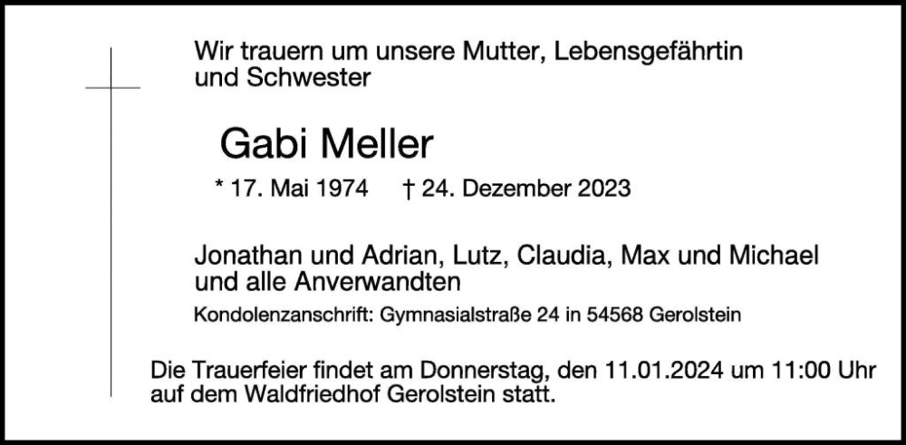  Traueranzeige für Gabi Meller vom 06.01.2024 aus WochenSpiegel