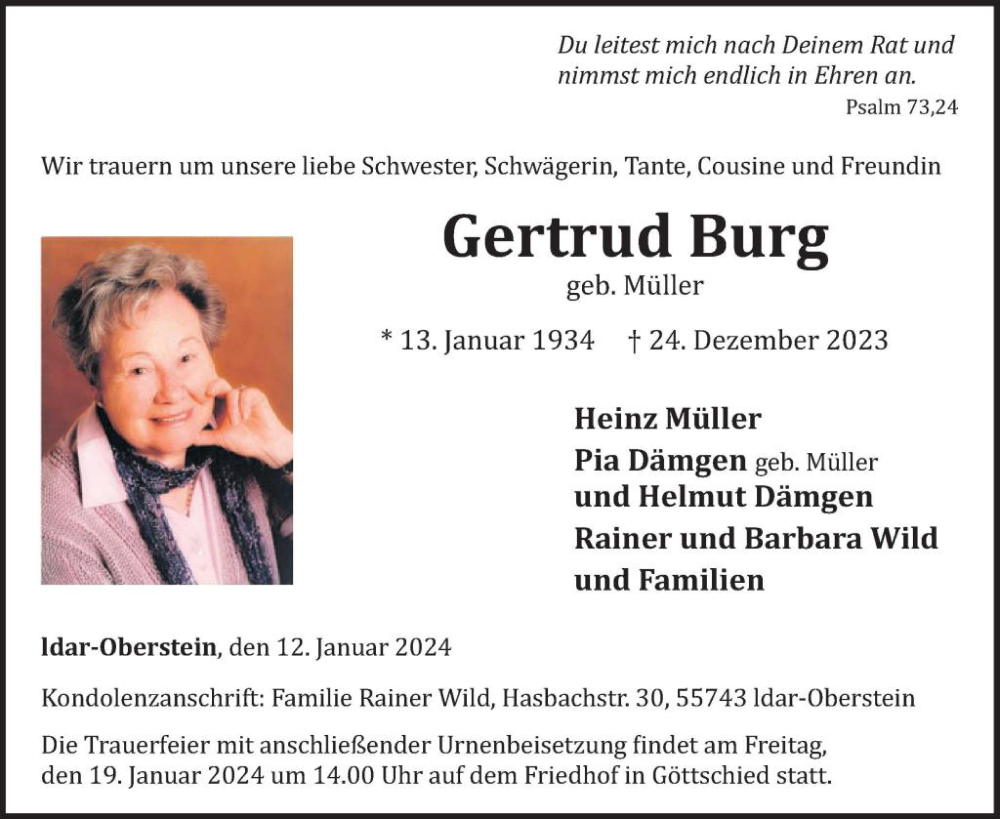  Traueranzeige für Gertrud Burg vom 13.01.2024 aus WochenSpiegel