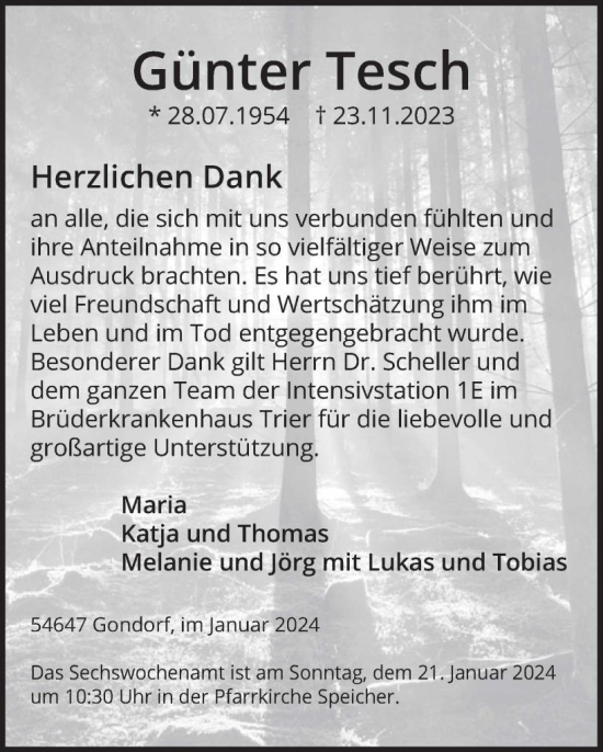 Traueranzeige von Günter Tesch von WochenSpiegel