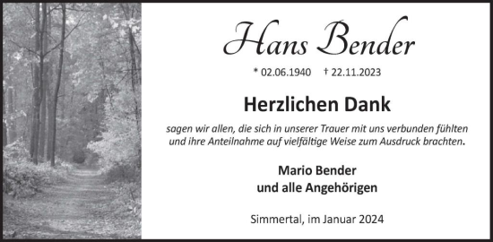 Traueranzeige von Hans Bender von WochenSpiegel