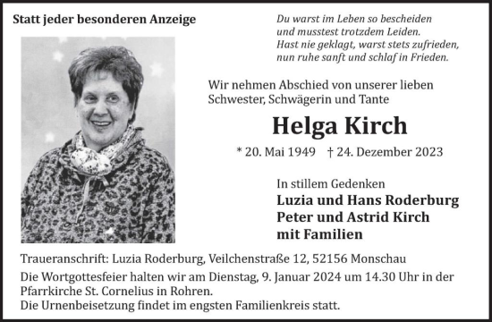 Traueranzeige von Helga Kirch von WochenSpiegel