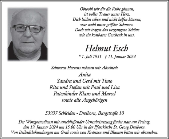 Traueranzeige von Helmut Esch von WochenSpiegel