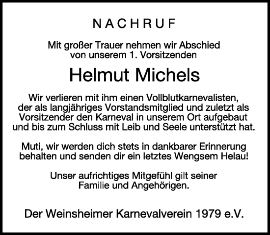 Traueranzeige von Helmut Michels von WochenSpiegel