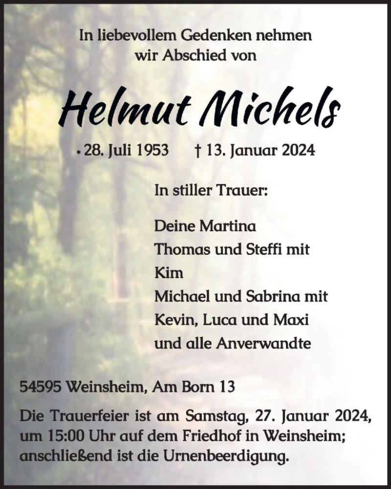  Traueranzeige für Helmut Michels vom 19.01.2024 aus WochenSpiegel