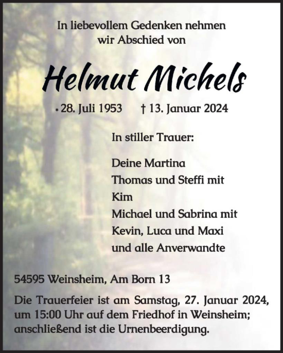 Traueranzeige von Helmut Michels von WochenSpiegel