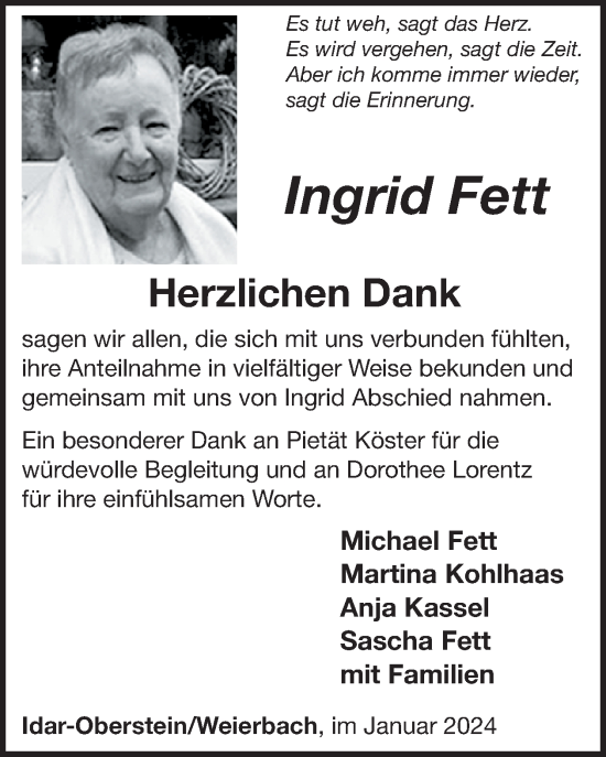 Traueranzeige von Ingrid Fett von WochenSpiegel