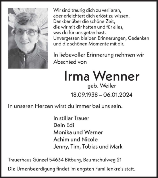 Traueranzeige von Irma Wenner von WochenSpiegel