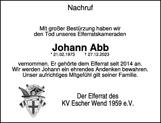 Traueranzeige von Johann Abb von WochenSpiegel