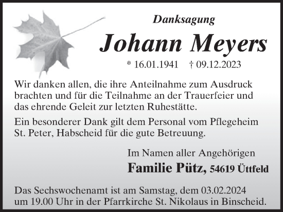 Traueranzeige von Johann Meyers von WochenSpiegel