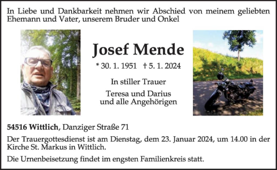 Traueranzeige von Josef Mende von WochenSpiegel