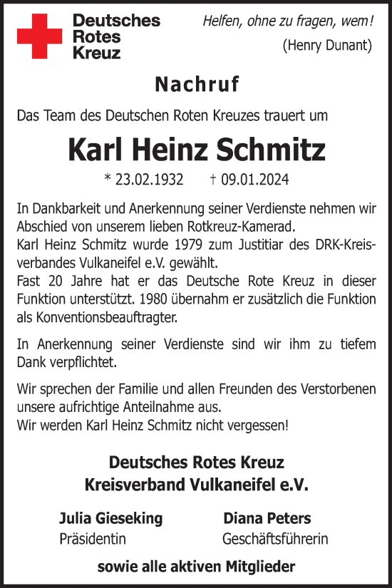 Traueranzeige von Karl Heinz Schmitz von WochenSpiegel