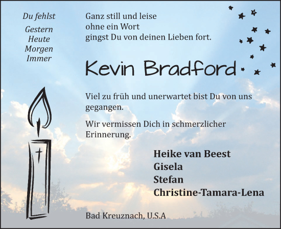 Traueranzeige von Kevin Bradford von WochenSpiegel