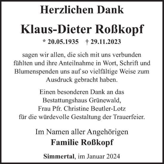 Traueranzeige von Klaus-Dieter Roßkopf von WochenSpiegel