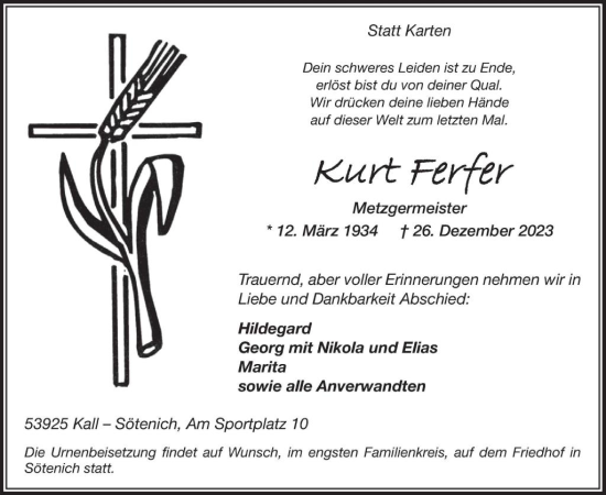 Traueranzeige von Kurt Ferfer von WochenSpiegel