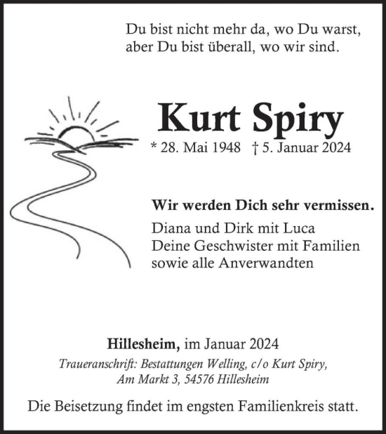 Traueranzeige von Kurt Spiry von WochenSpiegel