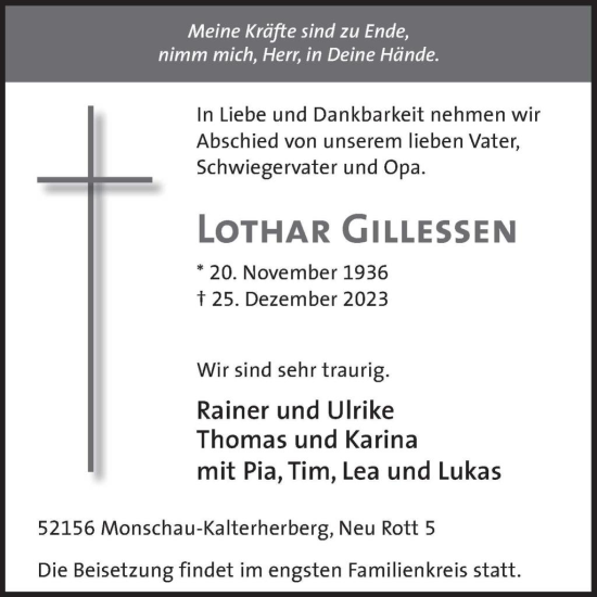 Traueranzeige von Lothar Gillessen von WochenSpiegel