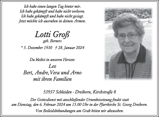 Traueranzeige von Lotti Groß von WochenSpiegel