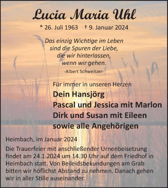 Traueranzeige von Lucia Maria Uhl von WochenSpiegel